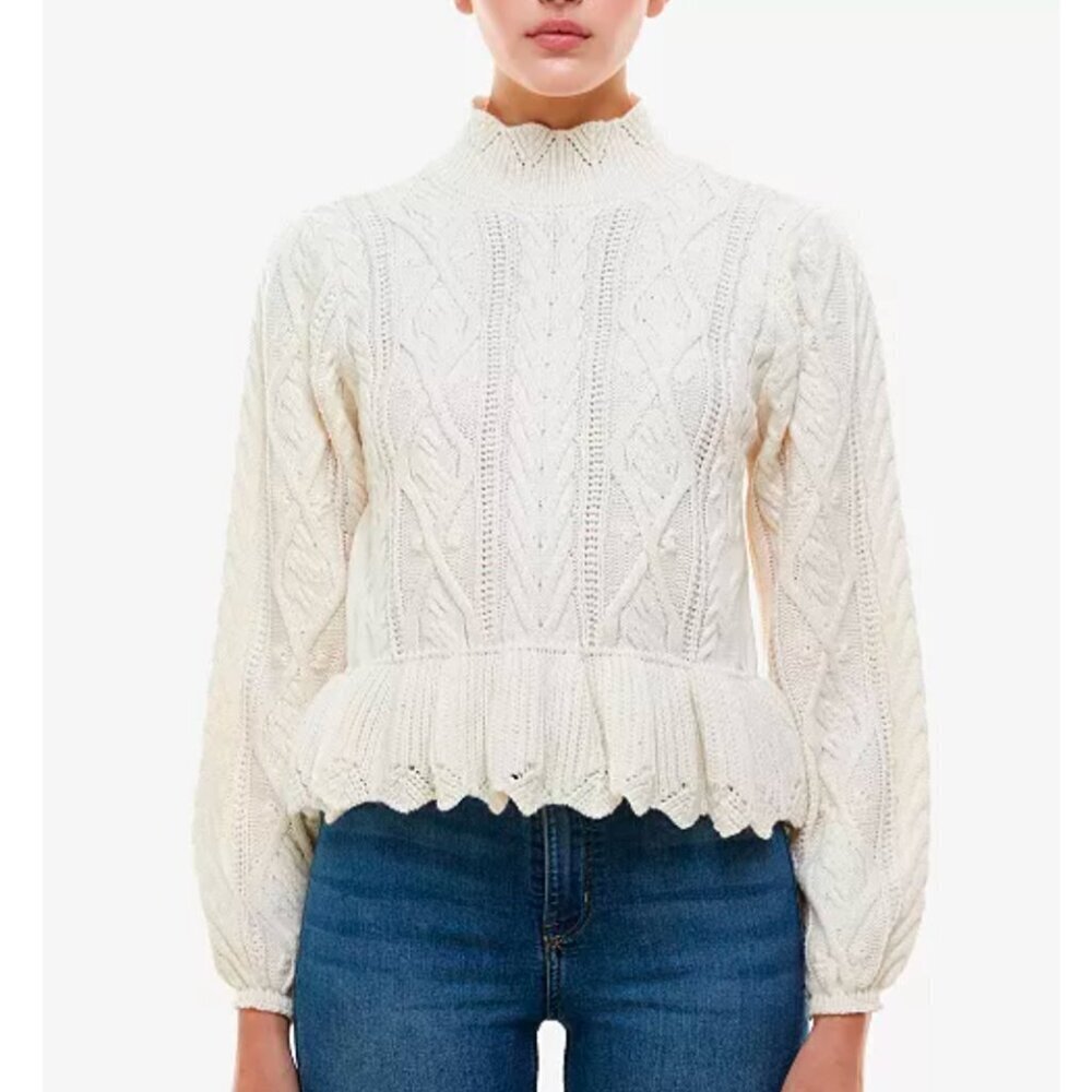 Peplum Cable Knit Whimsical Sweater Size M Cream Cottoagecore